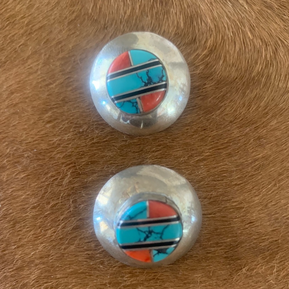 NATIVE AMERICAN STERLING SILVER TURQUOISE / CORAL EARRINGS. - Picture 3 of 4